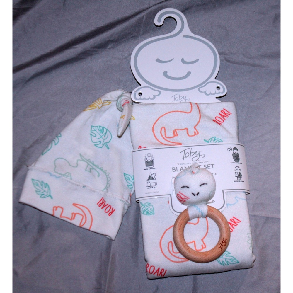 Babies Toby blanket set with a hat and toy dinosaur NEW